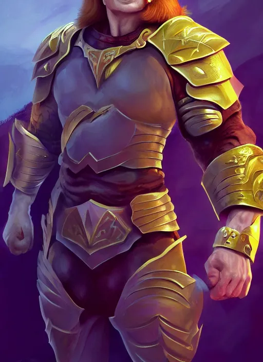 Prompt: profile of conan o'brien as a paladin with short blond hair and big muscles, yellow hair, casting a protection spell, cell shaded, octane, trending on artstation