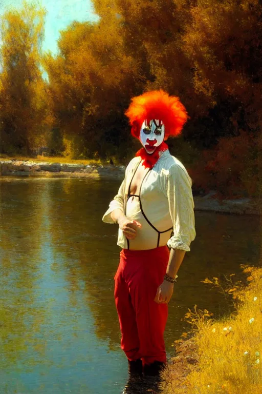 Prompt: attractive man by a river, bright sunlight, oil covered skin, wearing a clown wig and clown makeup, painting by gaston bussiere, craig mullins