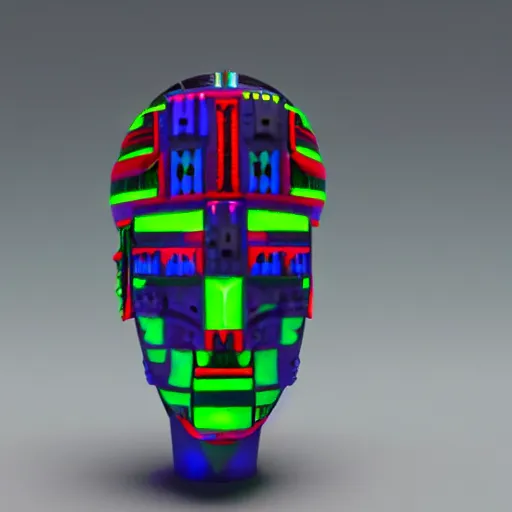 Image similar to claymodel of a cyberpunk aztec futurism robot head, 8 k, symetrical, flourescent colors, halluzinogenic, multicolored, black background