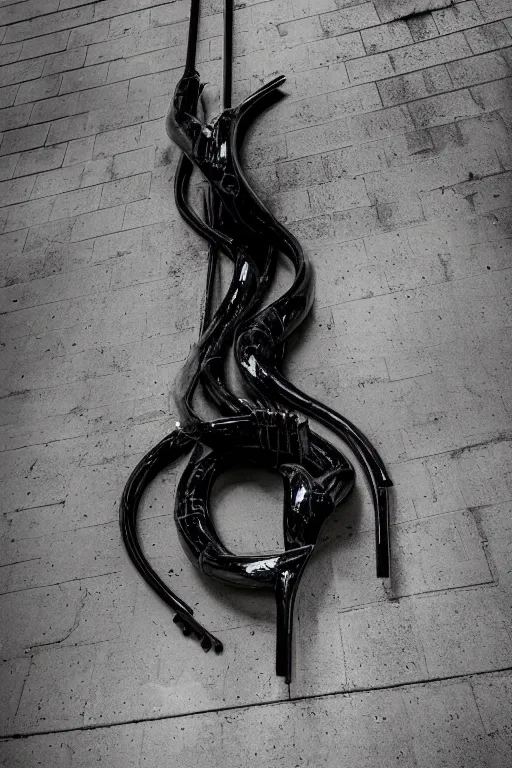 Prompt: ASYMMETRICAL irregular enochian brutalist black-metal spiraling jagged cat made of glossy black liquid latex and industrial hardware, hanging from ceiling in abandoned storm drain covered in blackmetal style graffiti, designed by nancy grossman, anish kapoor, herman nitsch, directed by david cronenberg, 8k, hyperrealistic, hyper-detailed, highly textured, gloss finish, sharp focus, dark volumetric lighting