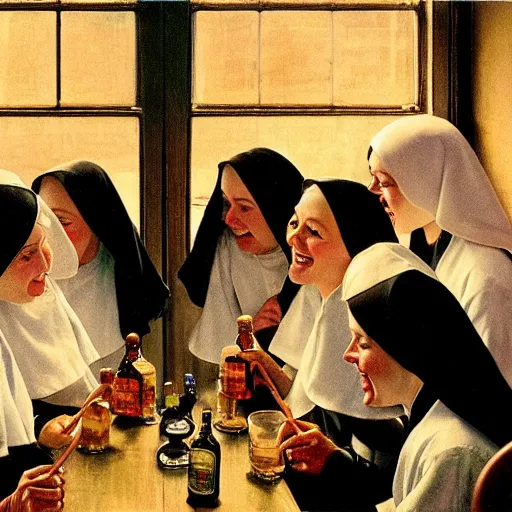 Image similar to a group of nuns enjoying themselves at an adult bar, low light, whiskey bottles, by Norman Rockwell