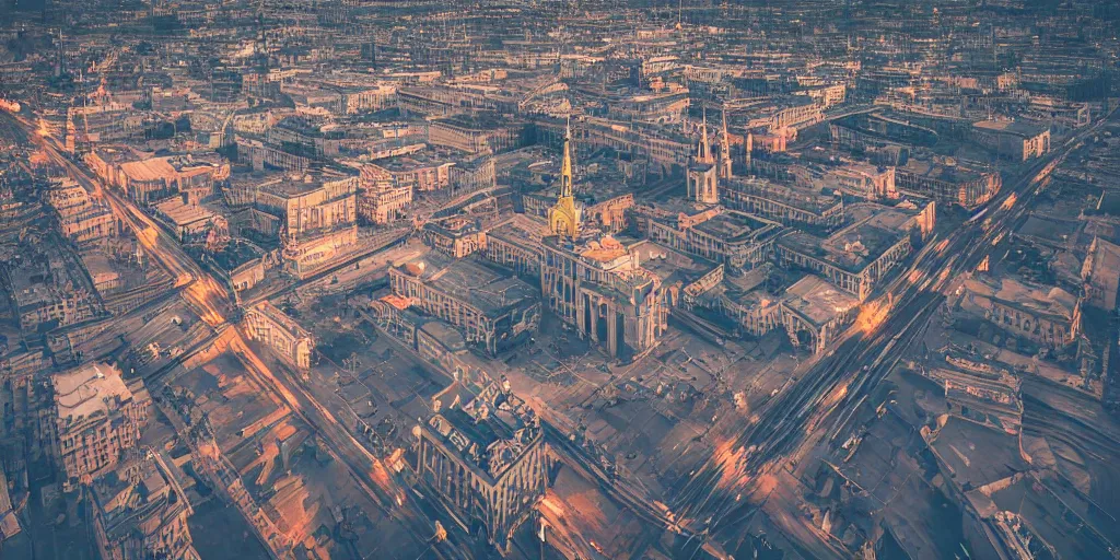 Image similar to cinematic street shot of a flying city, phalanster, saint petersburg city, telephoto, anamorphic cinematography, beautiful composition, color theory, leading lines, photorealistic, moody volumetric lighting