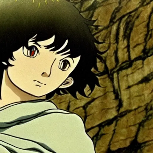 Prompt: frodo in the anime lord of the rings by studio ghibli, movie still frame, very detailed, artwork by hayao miyazaki, kentaro miura, satoshi kon