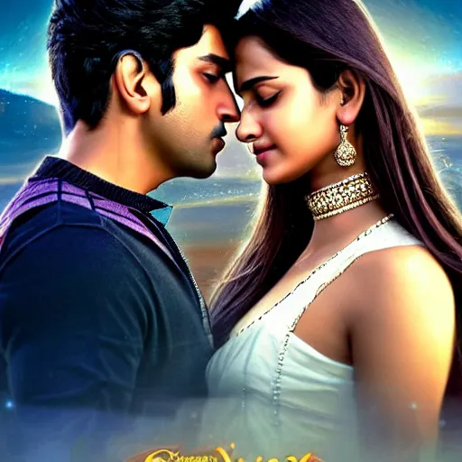 Prompt: perfectly centered bollywood movie promotional poster of young guy and beautiful girl side profile faces symmetrical ; real life portrait, ultra realistic, high coherence, intricate, hdr, highly detailed, photorealistic, octane render, 8 k, unreal engine ; romantic theme, two lovers sharing one heart ; art by artgerm, greg rutkowski, charlie bowater