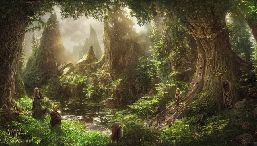 Image similar to the dwarf gimli and the elf legolas in lothlorien, realm of galadriel, artwork, artstation, beautiful setting