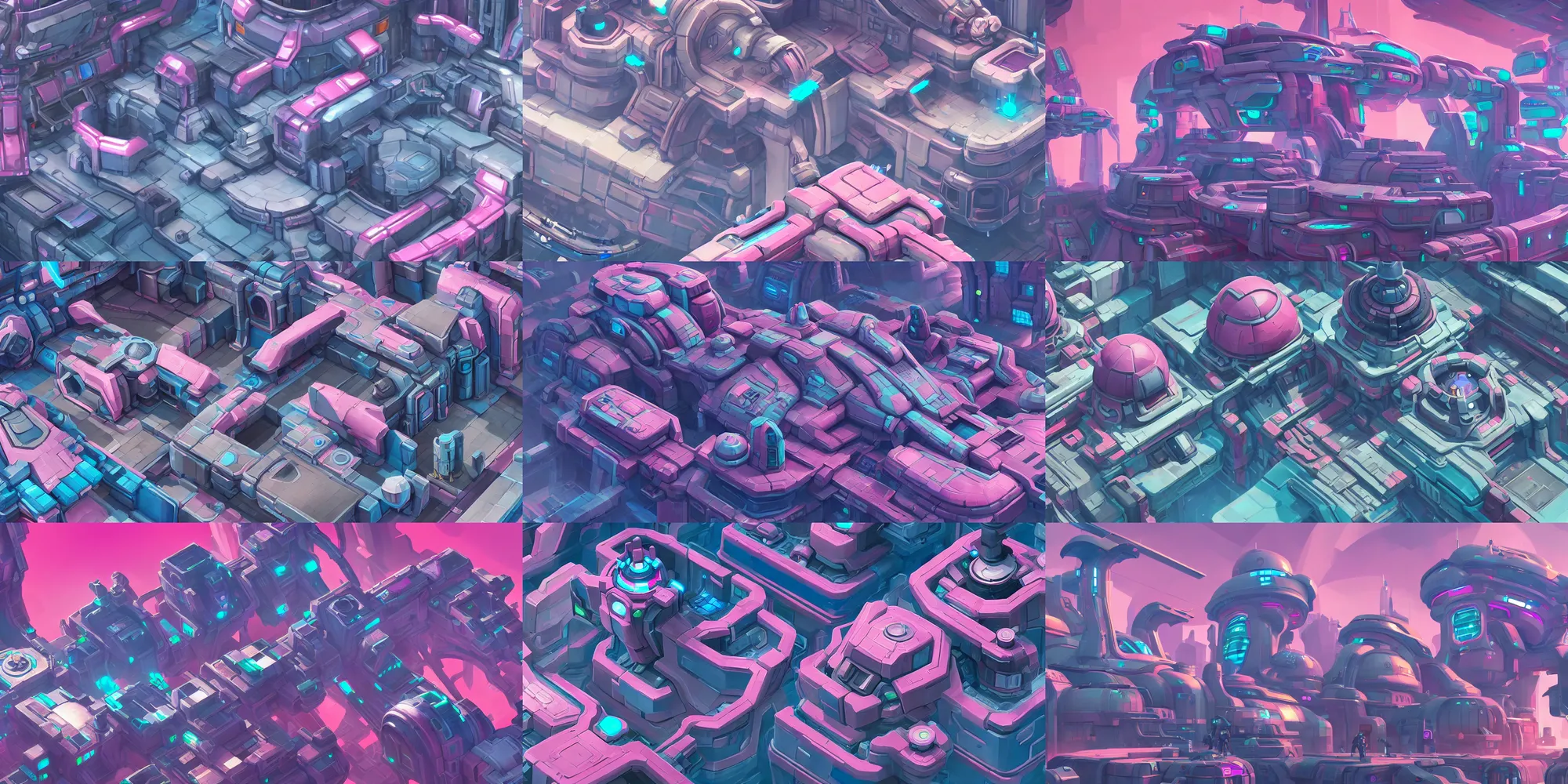 Prompt: game asset of sci - fi architecture parts and greebles, in gouache detailed paintings, props, stylized, 2 d sprites, kitbash, arcane, overwatch, blue and pink color scheme, 8 k, close up