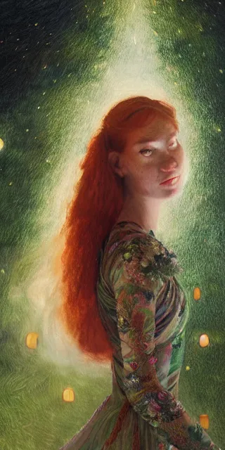 Prompt: young woman, smiling amazed, among firefly lights, full covering intricate detailed dress, amidst nature, long red hair, precise linework, accurate green eyes, small nose with freckles, beautiful oval shape face, empathic, expressive emotions, dramatic lights, hyper realistic ultrafine art by artemisia gentileschi, jessica rossier, boris vallejo