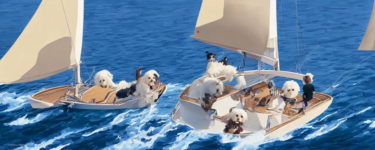 Image similar to a cream - colored havanese dog and shih tzu, sailing on an america's cup boat, hydrofoil, atey ghailan, goro fujita, studio ghibli, rim light, exquisite lighting, clear focus, very coherent,