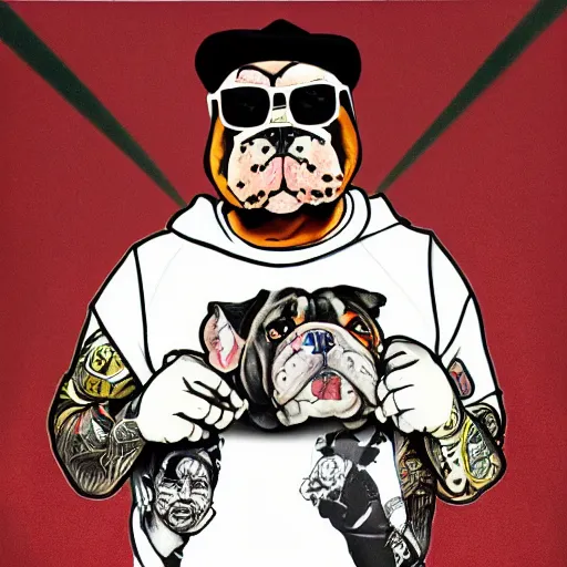 Image similar to a hyperrealistic portrait of an english bulldog as a gangster wearing hip hop clothes, streetwear, divorced