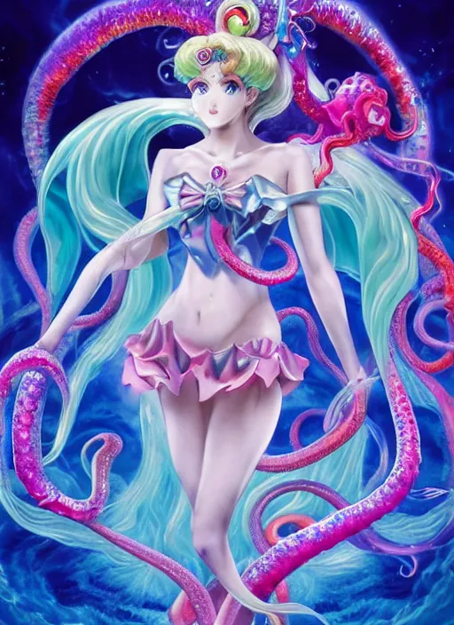 Prompt: A full shot of a sailor moon inspired Kawaii sea creature from the Abyss covered and opals and tentacles. Fully Clothed. F1.4. Symmetrical. Dark Smoke and VFX. Caustics refraction. Prism light. Demon Horns, Angel Wings, By Lisa Frank and Giger and Ruan Jia and Artgerm and Range Murata and WLOP. Key Art. Fantasy Illustration. award winning, Artstation, intricate details, realistic, Hyperdetailed, 8k resolution.