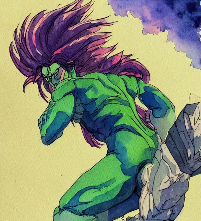 Image similar to a 3 / 4 view watercolor ink painting of daphne isabella blake as broly in the style of jean giraud in the style of moebius trending on artstation deviantart pinterest detailed realistic hd 8 k high resolution