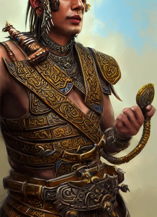 Image similar to smart tai warlord, closeup portrait, historical, ethnic group, sukhothai costume, bronze headset, fantasy, intricate, with leather armor cross on bare chest, tai body tattoo, elegant, loin cloth, highly detailed, oil painting, artstation, concept art, matte, sharp focus, illustration, hearthstone, art by earl norem