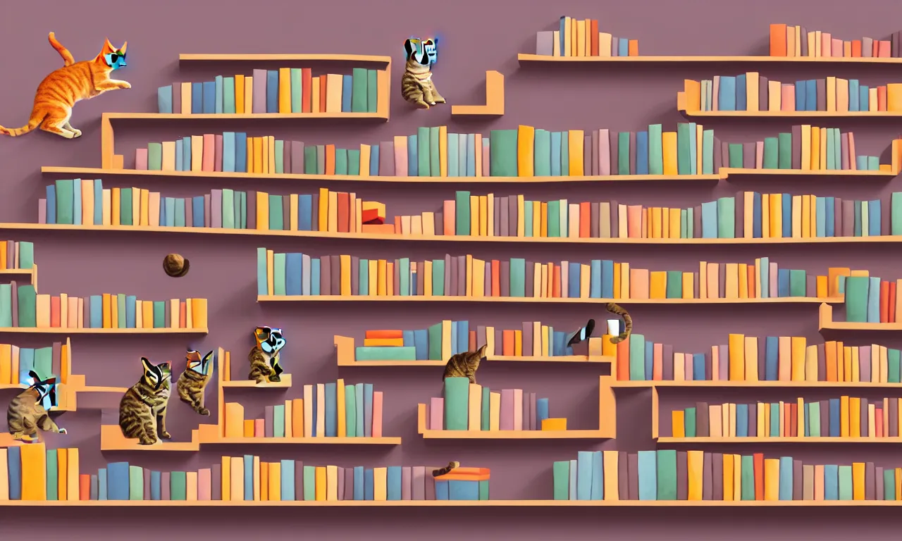 Prompt: bookshelf with jumping cats, brick streets, ancient manuscripts, nordic pastel colors, 3 d art, digital illustration, perfect lighting