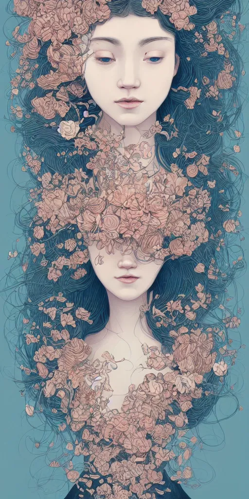 Prompt: highly detailed portrait of a beautiful girl, endless hair with pale skin, fibonacci fragile, surounded by lilyes flower by james jean, by victo ngai, 4 k resolution, trending on artstation, very very detailed, masterpiece, stunning,