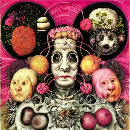 Image similar to album cover, new age, black, white, pink, psychedelic, space, giuseppe arcimboldo