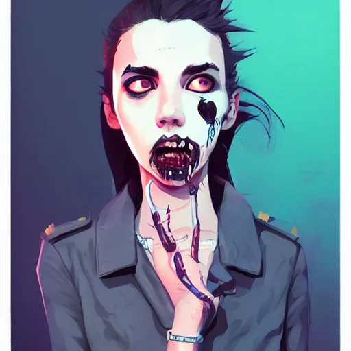 Image similar to Highly detailed portrait of a punk zombie young lady by Atey Ghailan, by Loish, by Bryan Lee O'Malley, by Cliff Chiang, ((dark blue moody background))