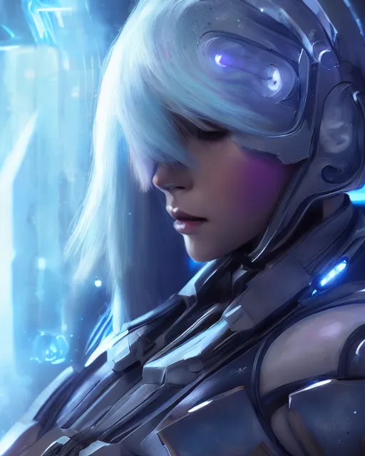 Image similar to perfect android girl on a mothership, warframe armor, beautiful face, scifi, futuristic, galaxy, nebula, raytracing, dreamy, long white hair, blue cyborg eyes, sharp focus, cinematic lighting, highly detailed, artstation, divine, by gauthier leblanc, kazuya takahashi, huifeng huang