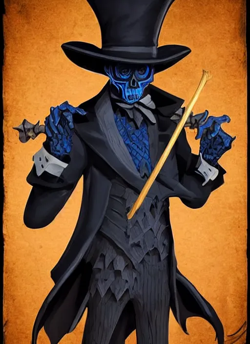 Image similar to DND character art, skeletal male figure, wearing a deep black suit!!! and tie and top hat, holding a gold! cane!. blue!!! flames!!