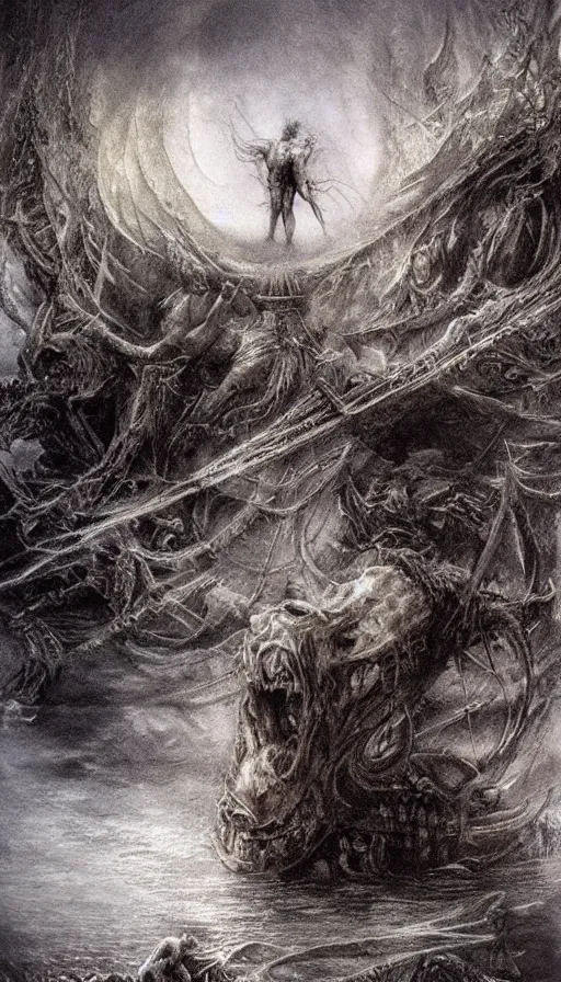 Image similar to man on boat crossing a body of water in hell with creatures in the water, sea of souls, by luis royo,