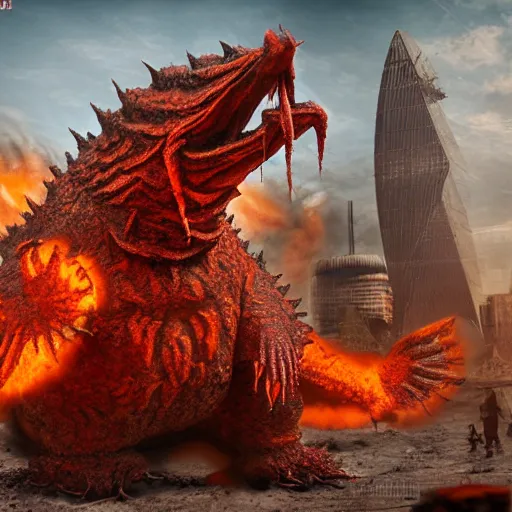 Image similar to evil steel rust bubble screaming fire chicken kaiju, cinematic, epic scale, hyper detailed, photorealistic, rule of thirds, 8 k.