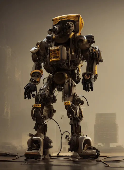 Image similar to a photorealistic dramatic hyperrealistic render of a futuristic exosuit power loader heavy machinery, ultra realistic details, glossy yellow, well worn, rust, oil stains by vitaly bulgarov and mike nash, beautiful dramatic dark moody tones and lighting, cinematic atmosphere, studio lighting, global illumination, shadows, dark background, octane render, 8 k