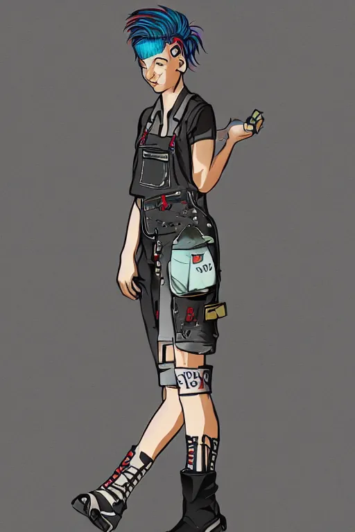 Prompt: a full body portrait beautiful androgynous punk girl with short hair who is a mechanic wearing overalls with a utility bag, digital illustration, digital concept art, digital painting, ornate decorative background, trending on artstation
