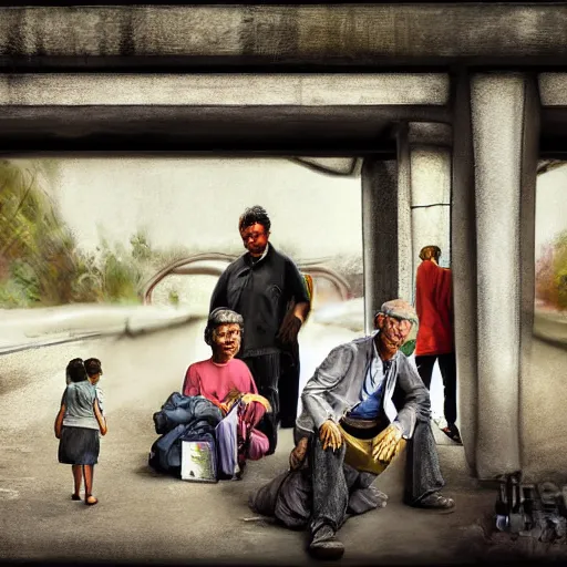 Image similar to poor people life under railway bridge, digital art, digital painting, award winning, hyper realistic, realistic human, hyper details, style by steve mccury and annie leibovitz and chindy sherman