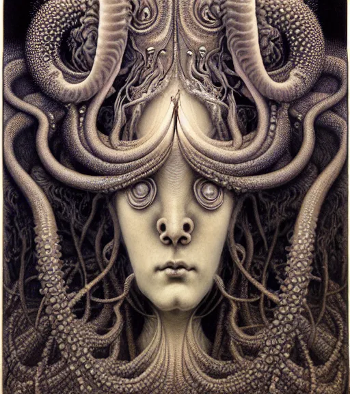 Image similar to detailed realistic beautiful squid goddess face portrait by jean delville, gustave dore, iris van herpen and marco mazzoni, art forms of nature by ernst haeckel, art nouveau, symbolist, visionary, gothic, neo - gothic, pre - raphaelite, fractal lace, intricate alien botanicals, ai biodiversity, surreality, hyperdetailed ultrasharp octane render