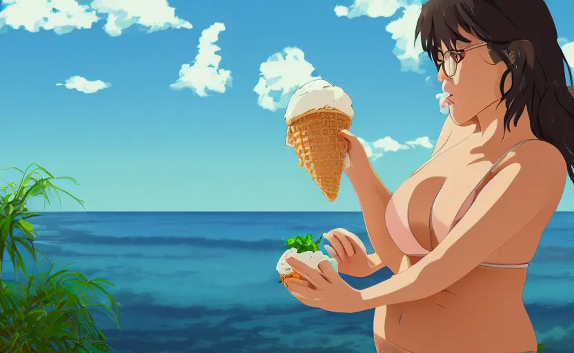 Image similar to a woman eating a vanilla ice cream cone and wearing a bikini, a Studio Ghibli style scene, digital art, 4k