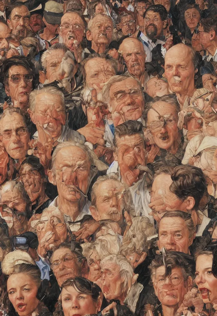 Prompt: small group of people, men and women, close - up of the faces, anatomically and proportionally correct : : oil painting by james jean, norman rockwell, milo manara and james gurney, intricate and detailed, photorealism, cgsociety