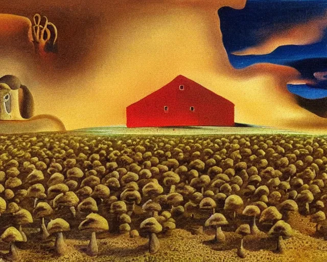 Image similar to A Salvador Dali painting of a small Indiana mushroom farm, Multi Toned, Volumetric Lighting, Dark Sky, Rule of Threes, Award Winning Art