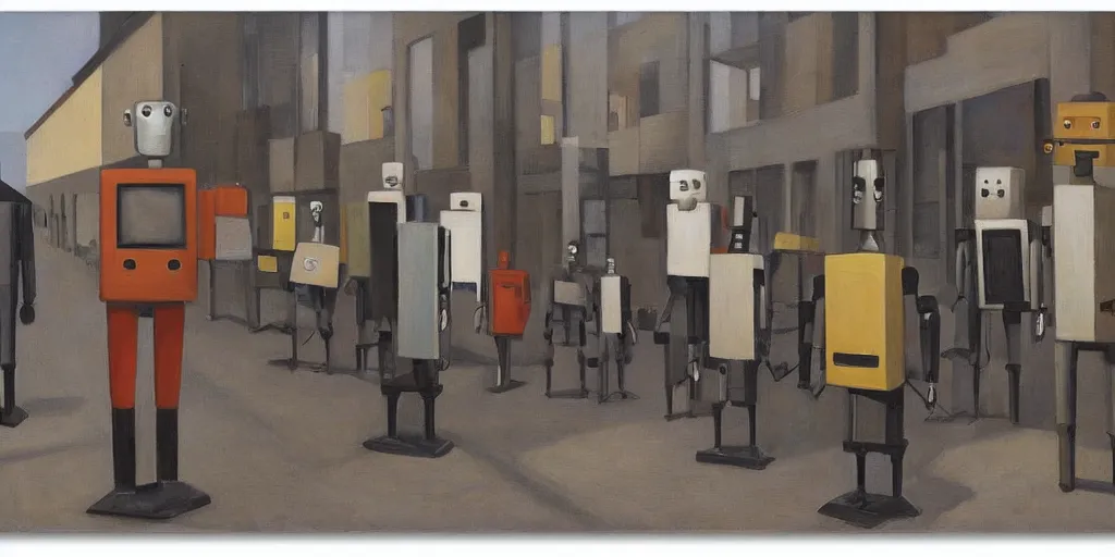 Image similar to robots queuing up in a stark brutalist town, street elevation, grant wood, pj crook, edward hopper, oil on canvas