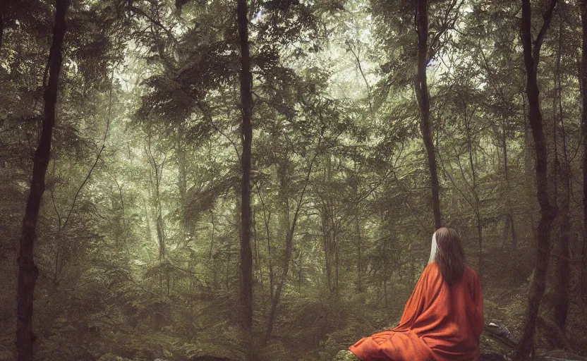 Image similar to a beautiful painting of a lonely wandering soul, resting in a forest sitting on a boulder, listening to the quiet and the breeze, smiling and looking up at the trees, by elizabeth gadd