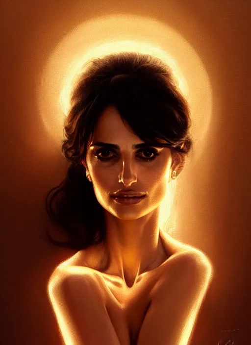 Image similar to portrait of penelope cruz, intricate, elegant, glowing lights, highly detailed, digital painting, artstation, glamor pose, concept art, smooth, sharp focus, illustration, art by wlop and greg rutkowski