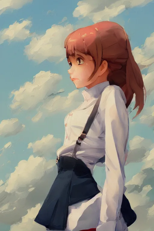 Image similar to gouache of a cute girl wearing school uniform standing on the edge of the roof of a tall building, delicate face, 8 k wallpaper, strong brush stroke, very high detailed, sharp focus, illustration, morandi color scheme, art station, by krenz cushart