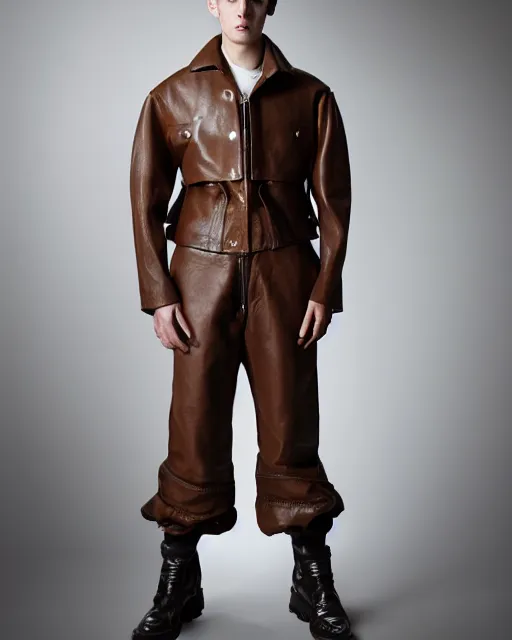 Prompt: an award - winning photo of a brown cropped extremely baggy medieval designer menswear leather jacket with an oversized collar and baggy bootcut trousers designed by alexander mcqueen, 4 k, studio lighting, wide angle lens