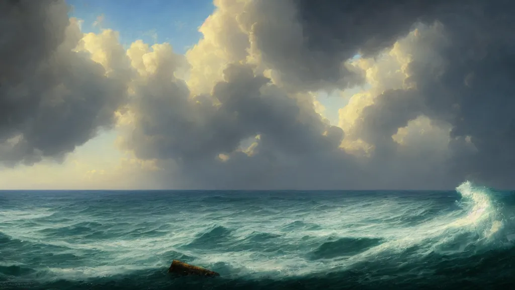 Prompt: first person view of breaking waves on the shore, summer, sunshine through the clouds, sea breeze rises in the air, by andreas rocha and john howe, and Martin Johnson Heade, featured on artstation, featured on behance, golden ratio, ultrawide angle, f32, well composed