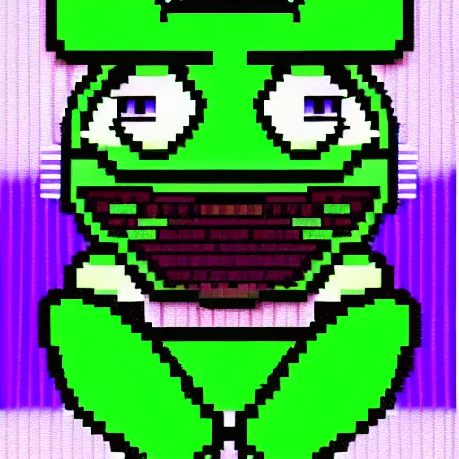 Prompt: glitched pepe the frog, corrupted pixels, dithered.