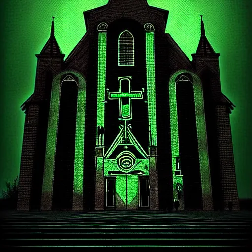 Image similar to The church of misery, cyberpunk, dark, digital art, night, scary, creepy