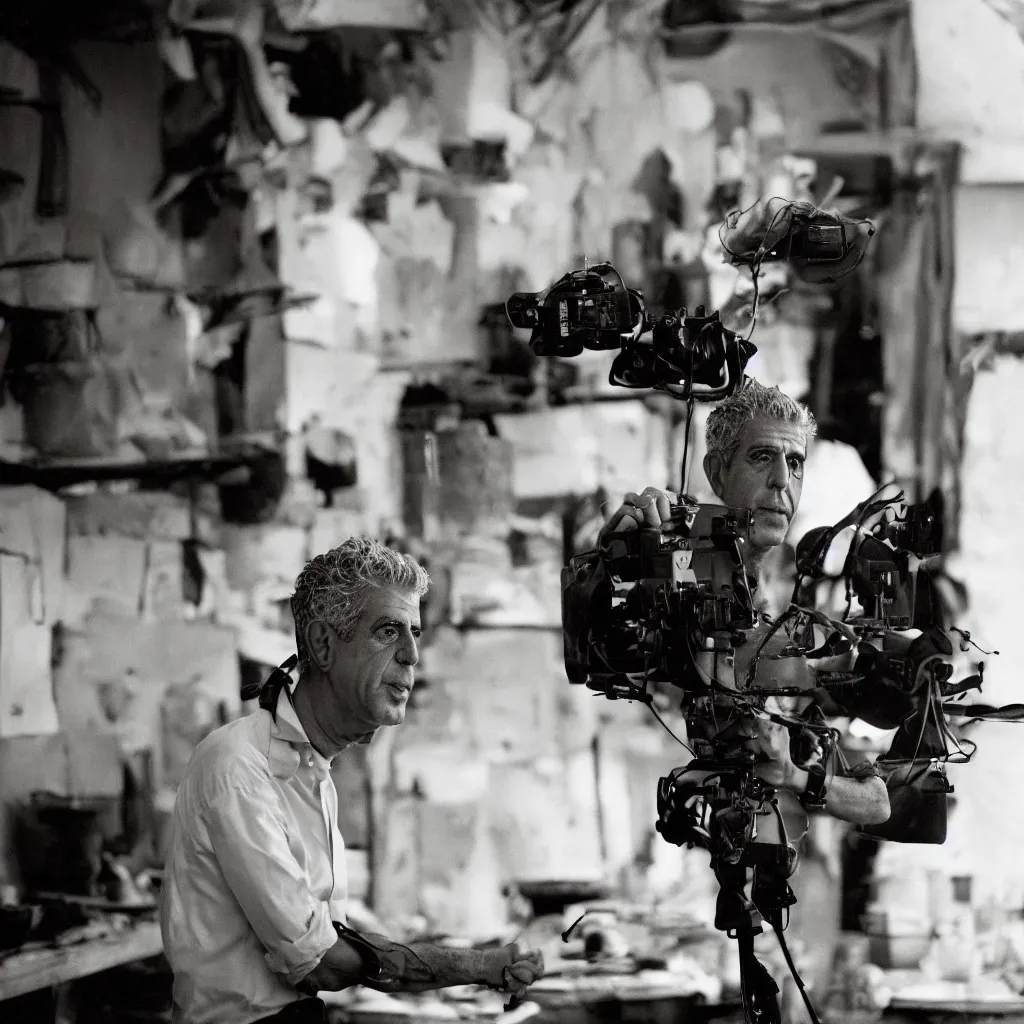 Image similar to studio portrait photo of Anthony Bourdain by Steve Mccurry, 50mm, pentax, film