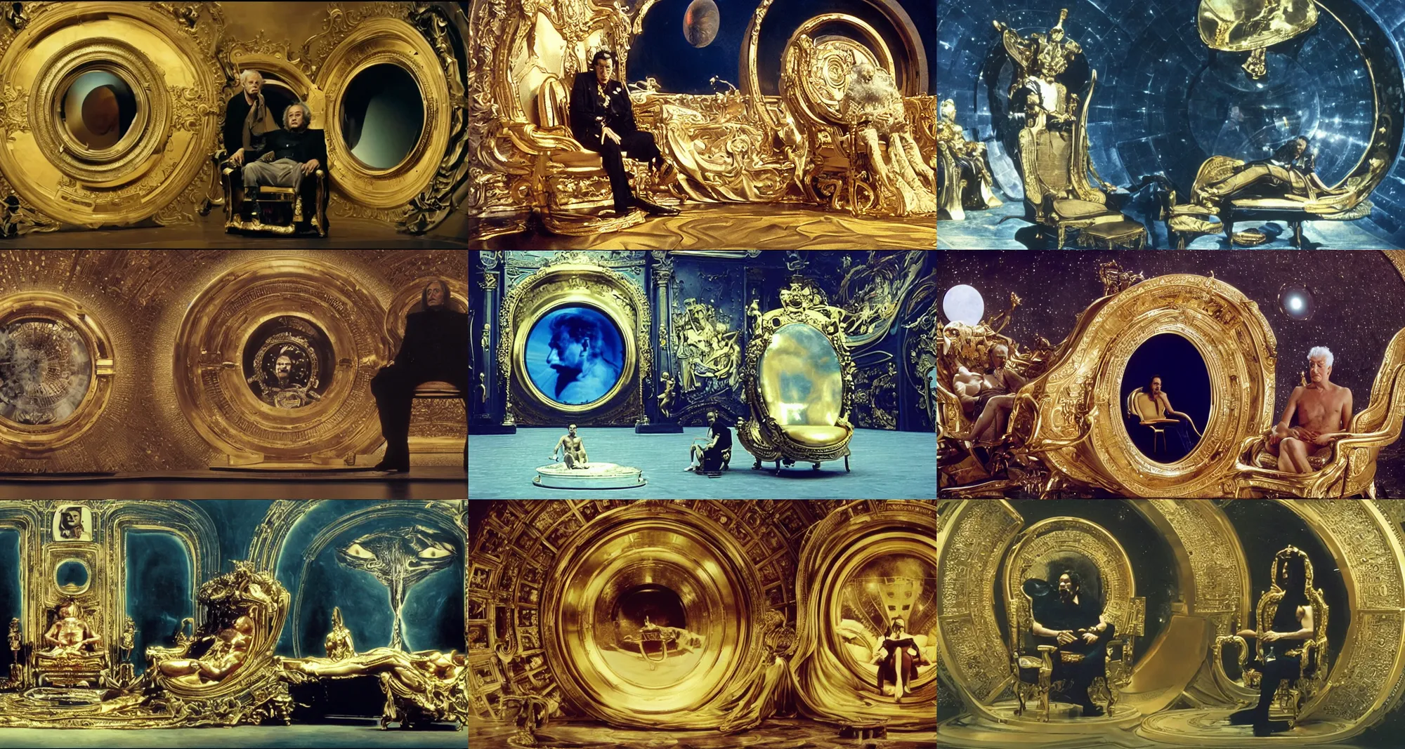 Prompt: salvador dali as emperor sits on gold futuristic chair in front of huge central porthole in which venus planet is visible | still frame from the movie by alejandro jodorowsky with cinematogrophy of christopher doyle and art direction by hans giger, anamorphic lens, kodakchrome, 8 k