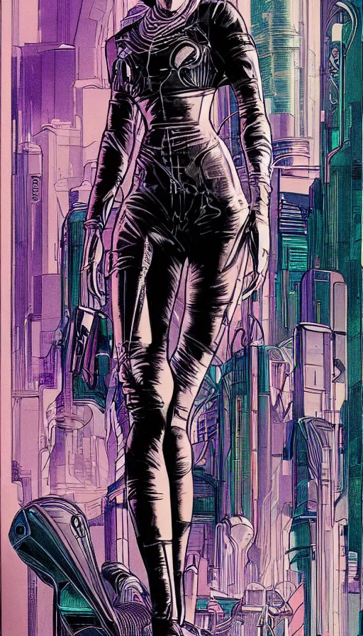 Image similar to concept art of a female cyberpunk character, film noir, art deco, pastel colors, detailed ink drawing, by Syd Mead, by Moebius