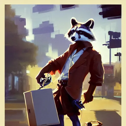 Image similar to greg manchess painting of a trash panda character, holding a box of cables and standing next to old electronic equiptment, medium shot, asymmetrical, profile picture, organic painting, sunny day, matte painting, bold shapes, hard edges, street art, trending on artstation, by huang guangjian and gil elvgren and sachin teng