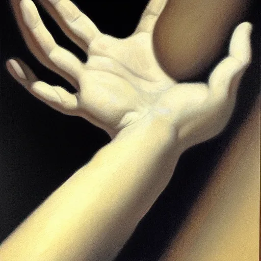 Prompt: white giant hand in a black void, painting by by ralph grady james, jean christian biville