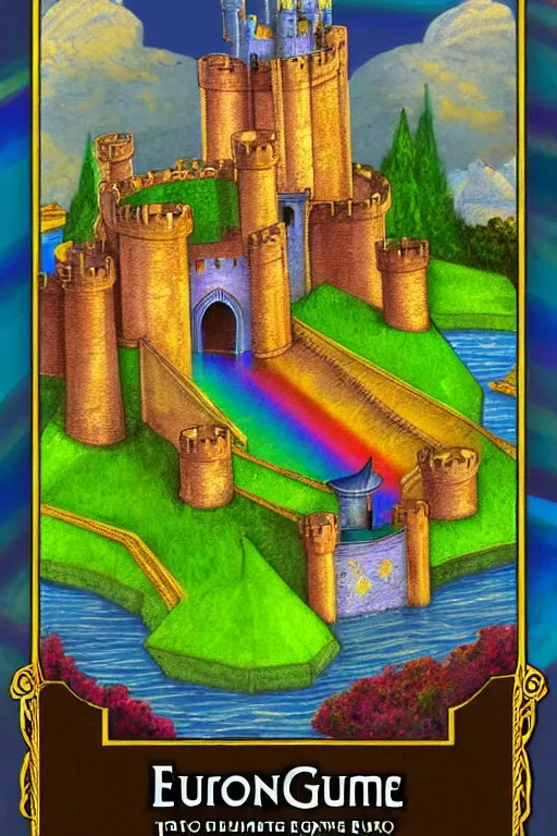 Image similar to dominion eurogame card showing a rainbow castle with a moat. fantasy deviantart