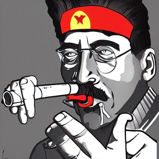 Image similar to cyberpunk joseph stalin smoking a pipe as the leader of a futuristic communist society, cybernetics, sharp lines, digital, artstation, colored in