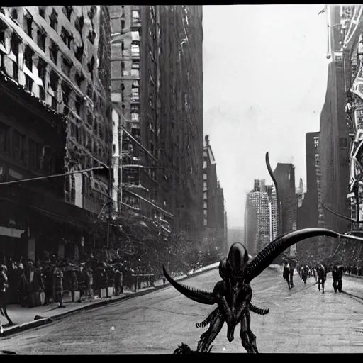 Image similar to old black and white photo, 1 9 1 3, depicting a xenomorph from the movie aliens rampaging through the bustling streets of new york city, historical record