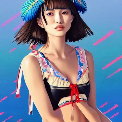 Image similar to a beautiful young japanese natalie portman alluring gravure model, stylized concept art, wearing elegant designer bomber jacket and one piece bikini, bomber jacket with mesoamerican patterns, mesoamerican native street fashion, princess mononoke, painted by ilya kuvshinov aesthetic, gorgeous, stunning, alluring, attractive, artstation, pinterest, digital art