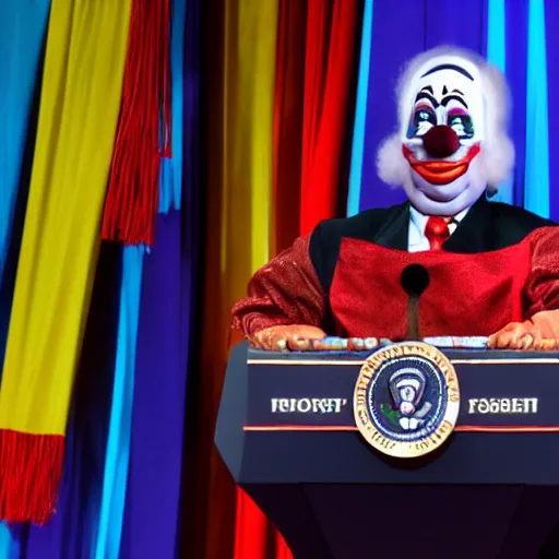 Image similar to string puppet of a president with clown makeup in a podium and a human shadow behind