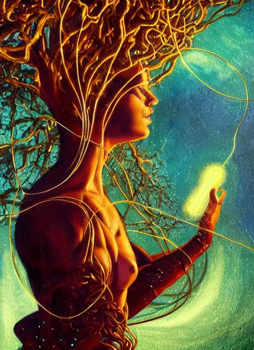 Image similar to oil painting of android woman immersed in the mystical tree, druid goddess, retro futurism, renaissance painting, baroque, golden body, steampunk, golden jewellery, shining crystals, cords and wires, vr googles, filigree, biomechanics, cinematic light, 8 k